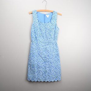 J Crew Blue Floral Scalloped Square Neck Shift Dress - Sz 00 - 100% Cotton